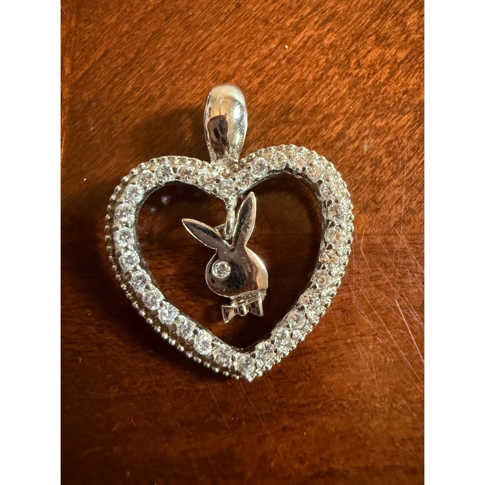 Playboy Bunny Heart Pendant Sterling Silver 925 Pave Cubic Zirconia Silver